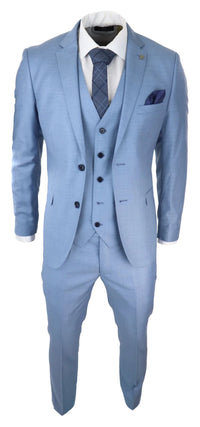 Terno masculino azul claro de 3 peças com costura clássica para casamento, verão e formatura.