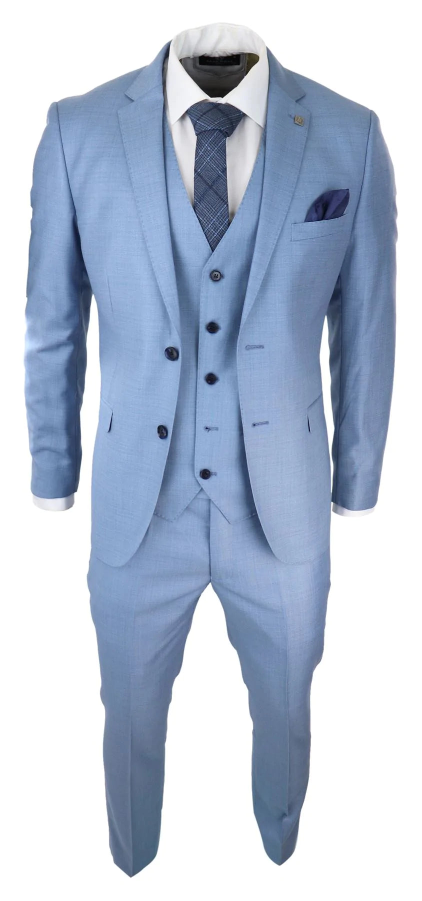 Terno masculino azul claro de 3 peças com costura clássica para casamento, verão e formatura.