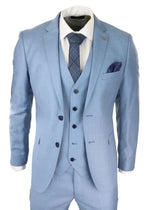 Terno masculino azul claro de 3 peças com costura clássica para casamento, verão e formatura.