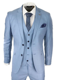 Terno masculino azul claro de 3 peças com costura clássica para casamento, verão e formatura.