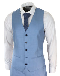 Terno masculino azul claro de 3 peças com costura clássica para casamento, verão e formatura.