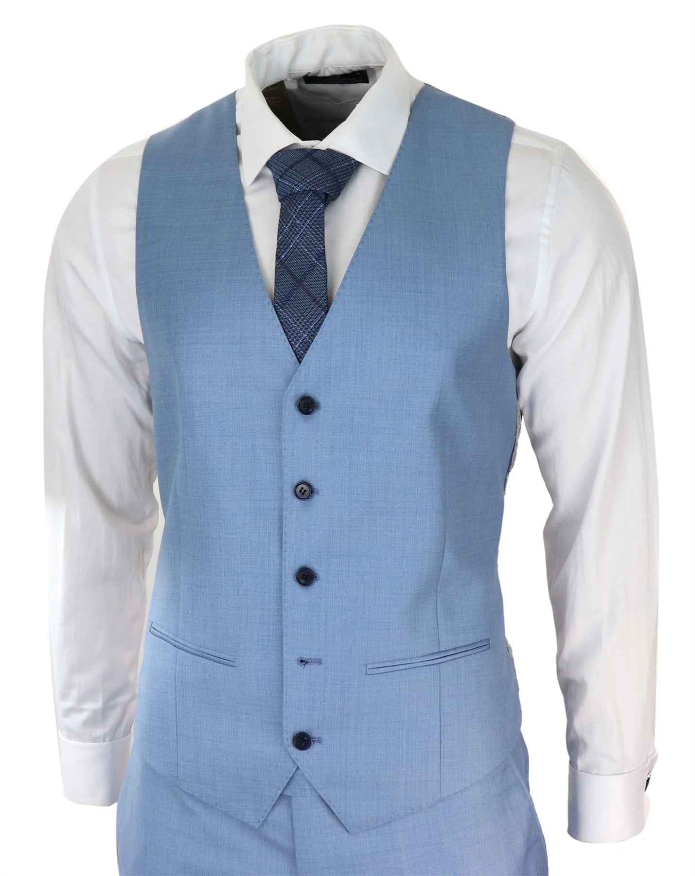 Terno masculino azul claro de 3 peças com costura clássica para casamento, verão e formatura.