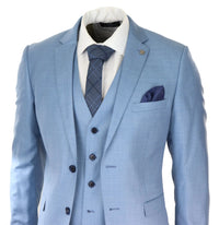 Terno masculino azul claro de 3 peças com costura clássica para casamento, verão e formatura.