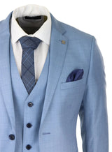 Terno masculino azul claro de 3 peças com costura clássica para casamento, verão e formatura.