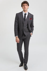 Terno masculino cinza escuro carvão de 3 peças com costura clássica para casamento, verão e formatura.