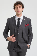 Terno masculino cinza escuro carvão de 3 peças com costura clássica para casamento, verão e formatura.
