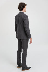 Terno masculino cinza escuro carvão de 3 peças com costura clássica para casamento, verão e formatura.