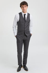 Terno masculino cinza escuro carvão de 3 peças com costura clássica para casamento, verão e formatura.