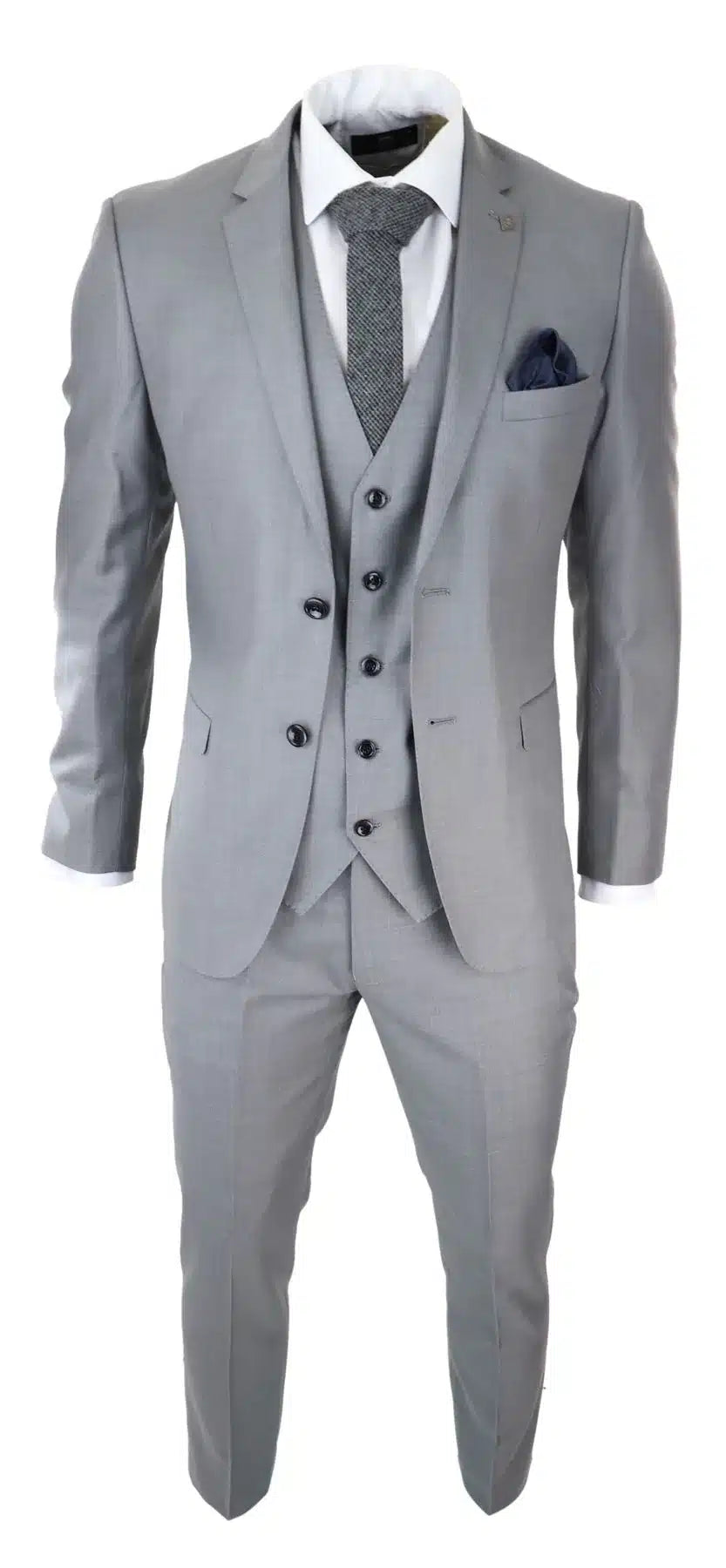 Terno masculino cinza claro de 3 peças com costura clássica para casamento, verão e formatura. Ideal para noivos.