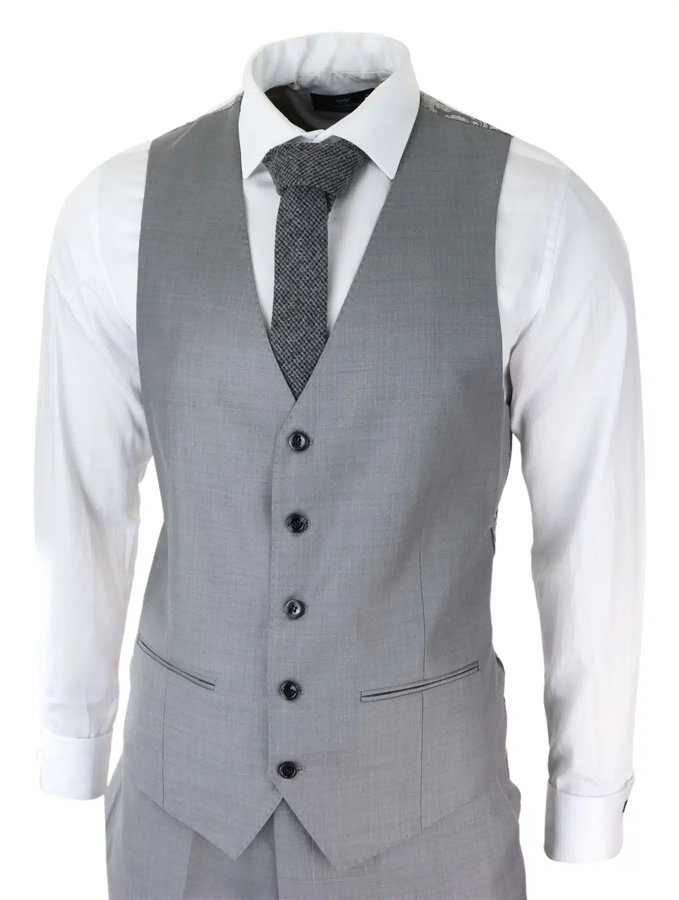Terno masculino cinza claro de 3 peças com costura clássica para casamento, verão e formatura. Ideal para noivos.