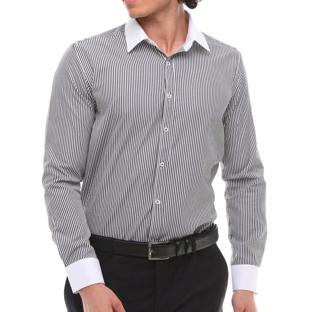 Camisa social masculina listrada com botões e gola clássica - Preta