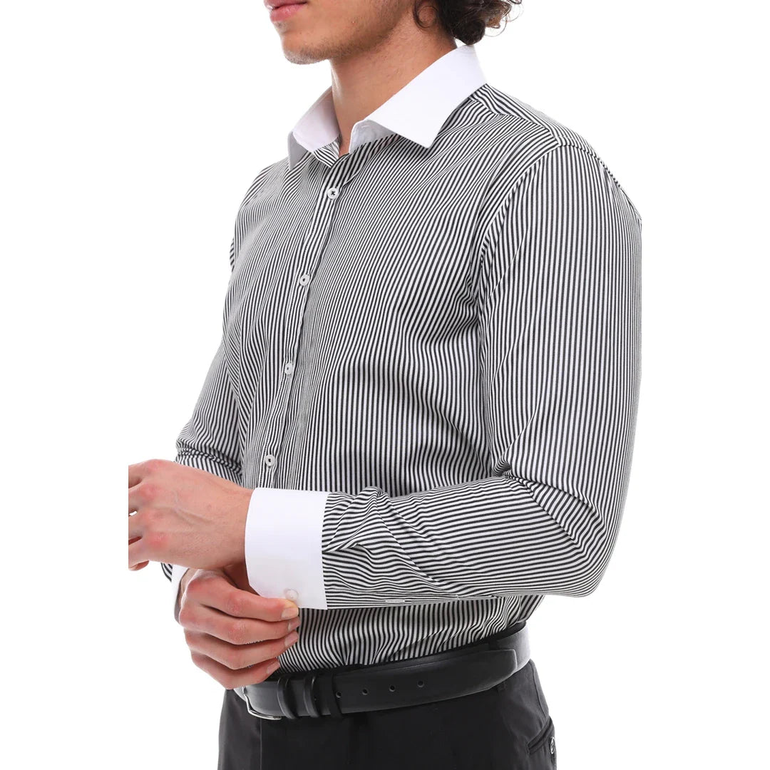 Camisa social masculina listrada com botões e gola clássica - Preta