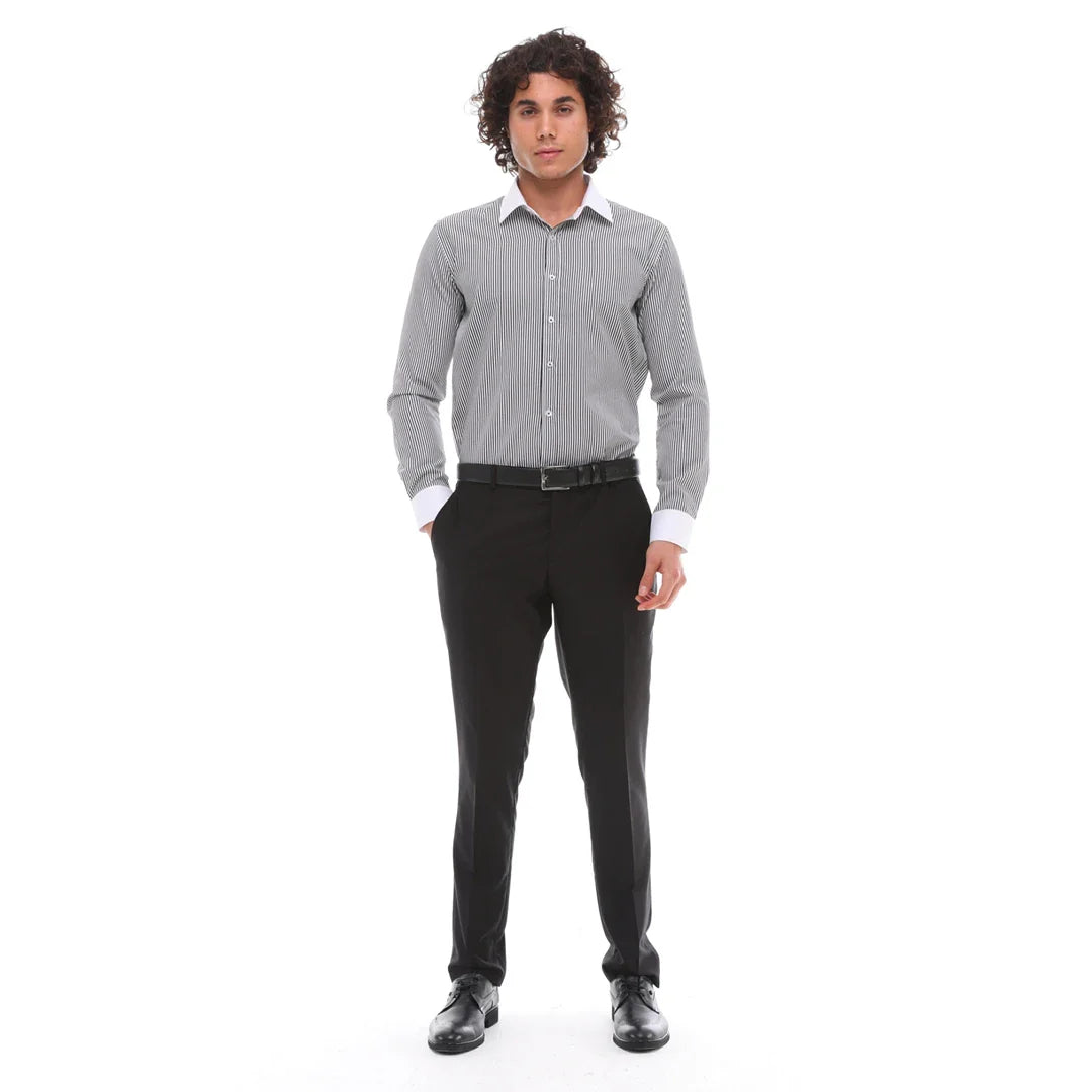 Camisa social masculina listrada com botões e gola clássica - Preta