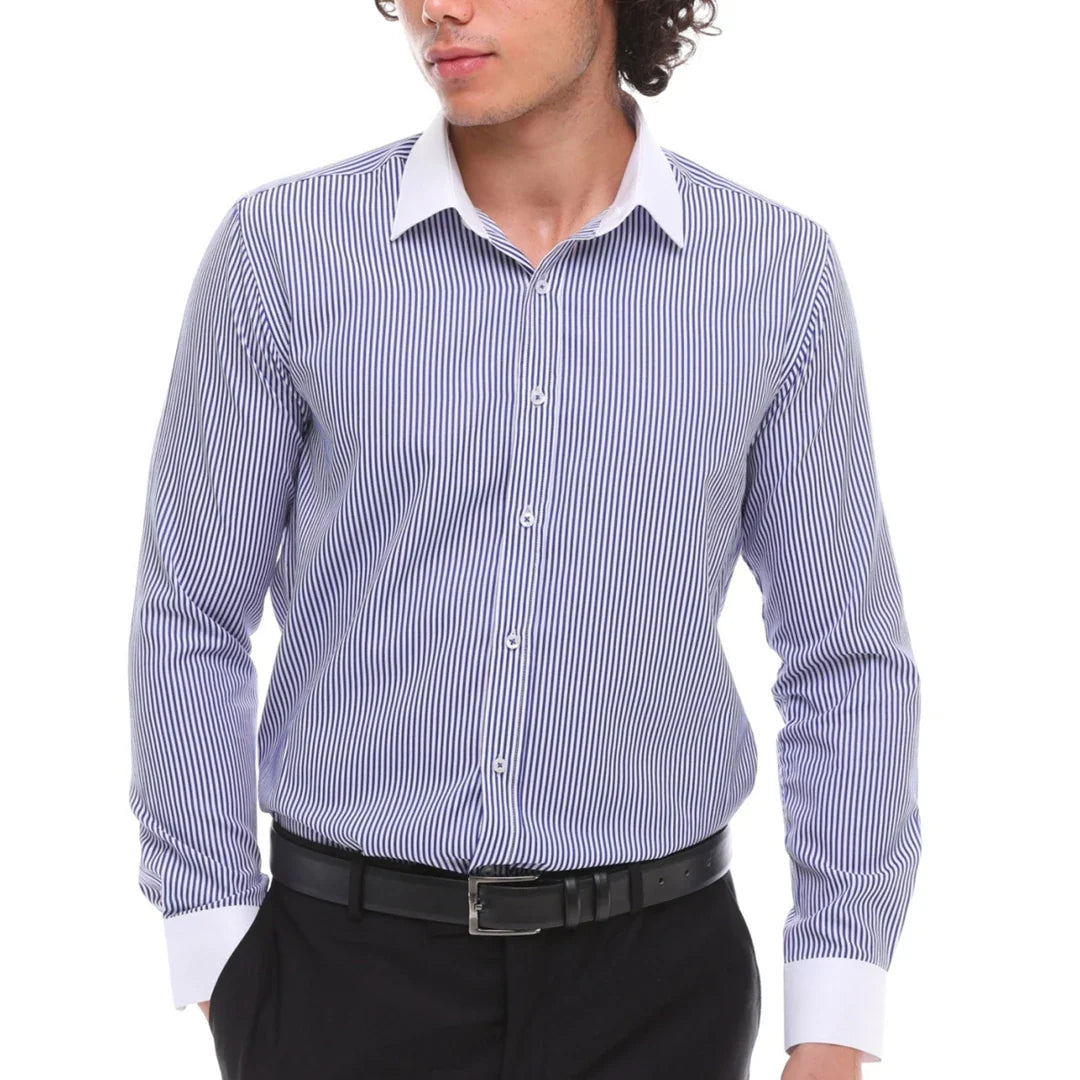 Camisa social masculina listrada com botões e gola clássica - Azul