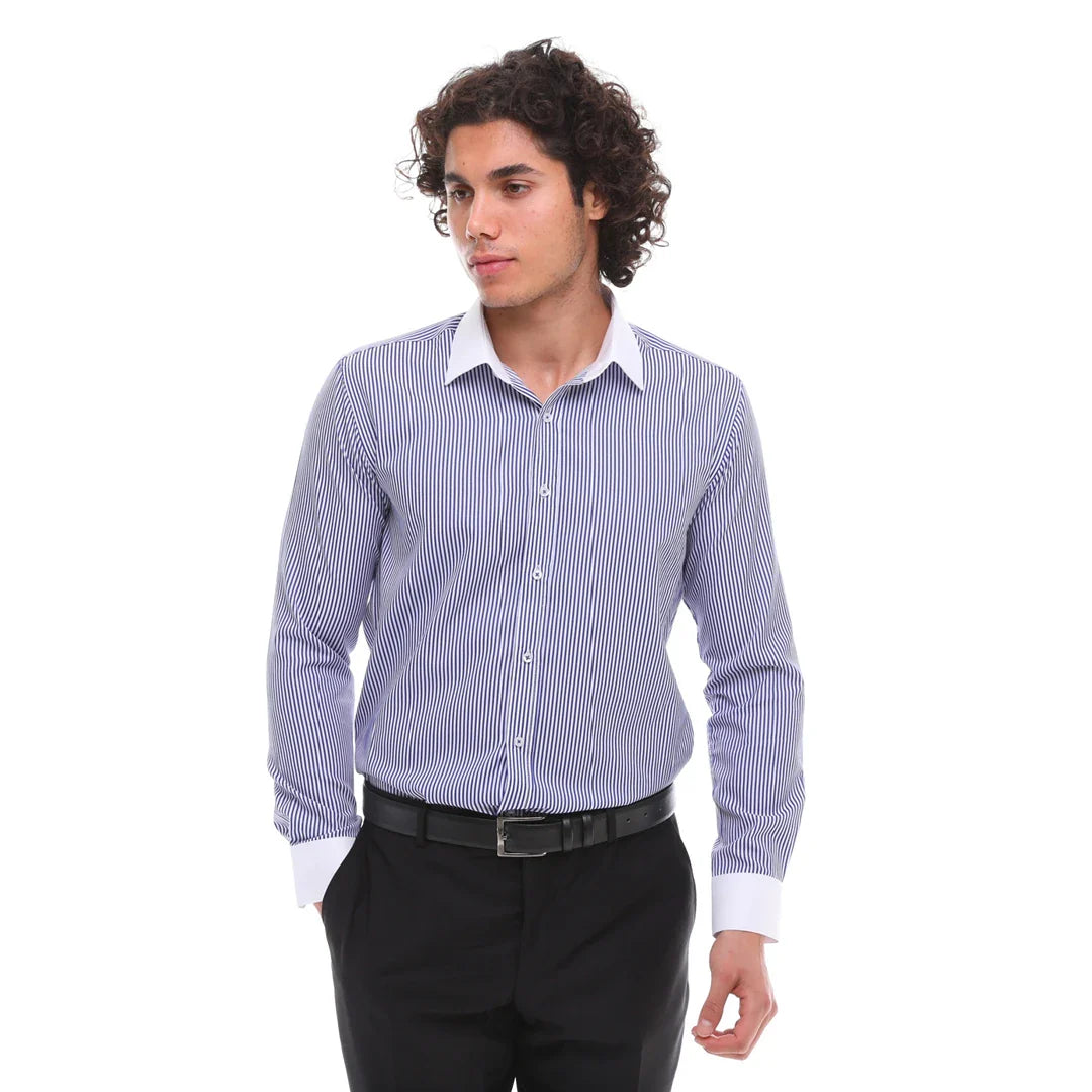 Camisa social masculina listrada com botões e gola clássica - Azul