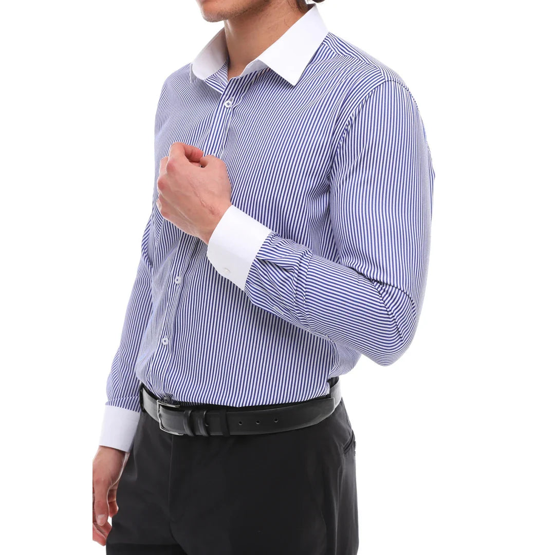Camisa social masculina listrada com botões e gola clássica - Azul