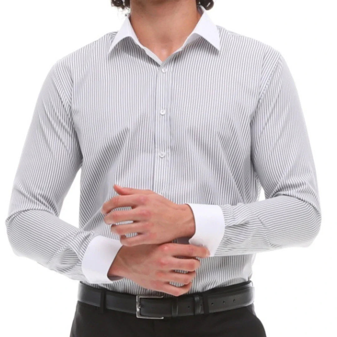Camisa social masculina listrada com botões e gola clássica - Cinza