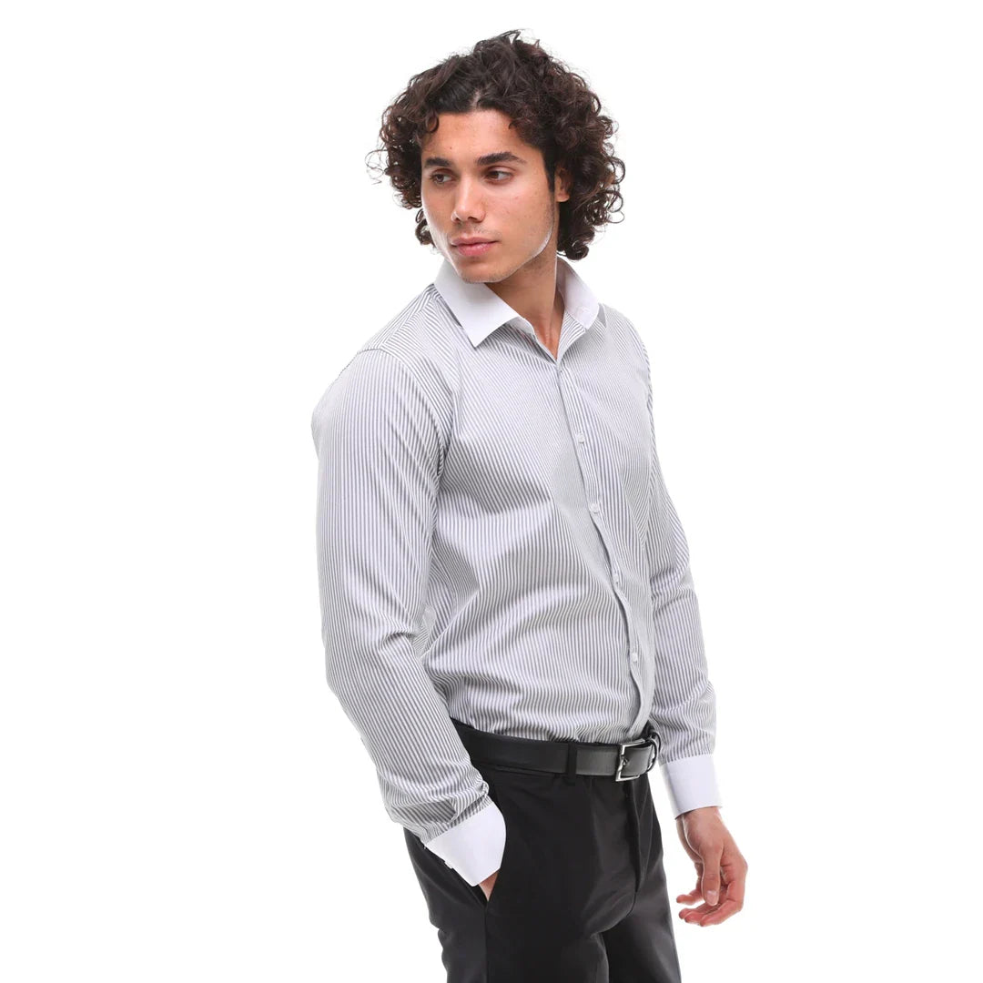 Camisa social masculina listrada com botões e gola clássica - Cinza