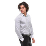 Camisa social masculina listrada com botões e gola clássica - Cinza