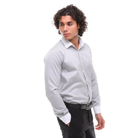 Camisa social masculina listrada com botões e gola clássica - Cinza