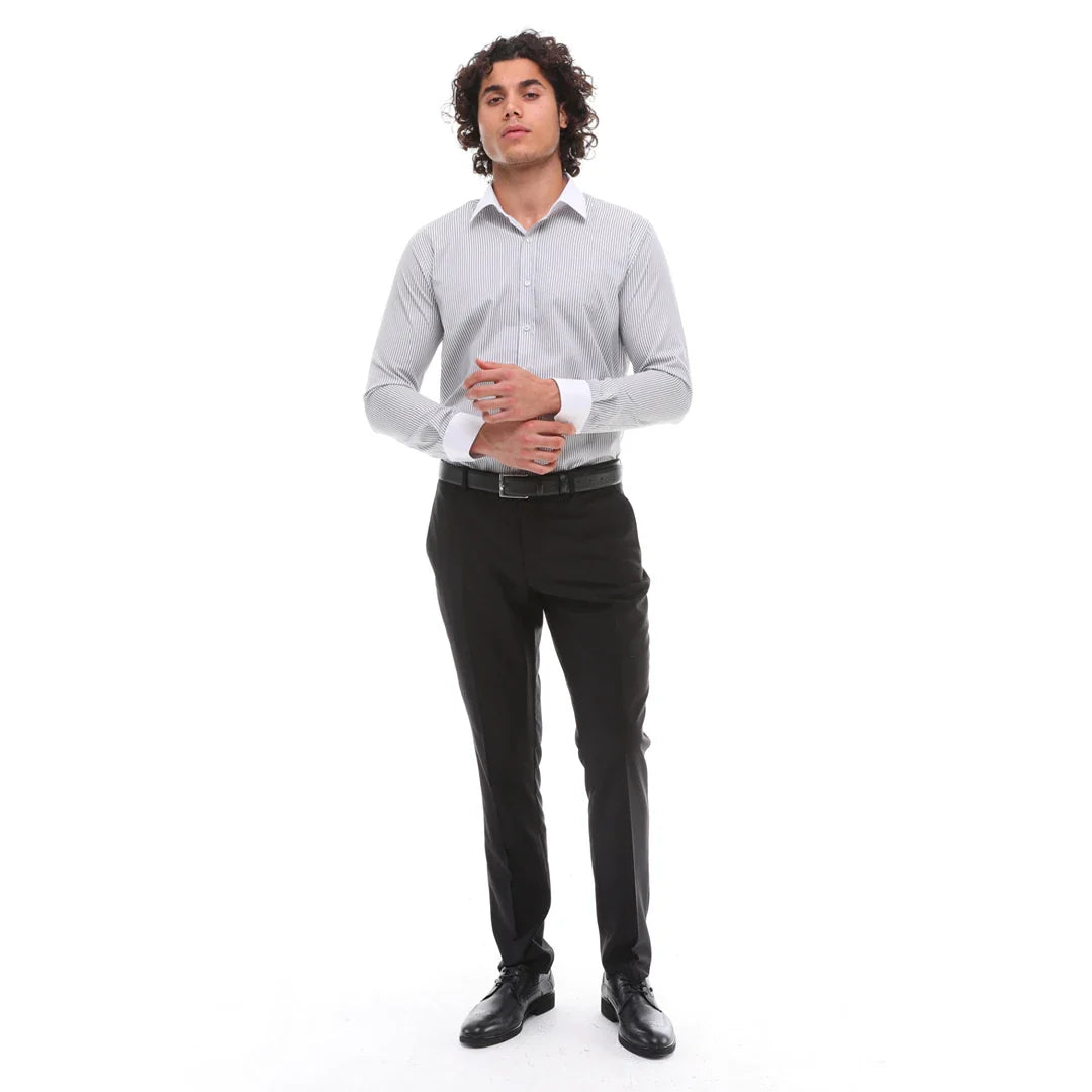 Camisa social masculina listrada com botões e gola clássica - Cinza