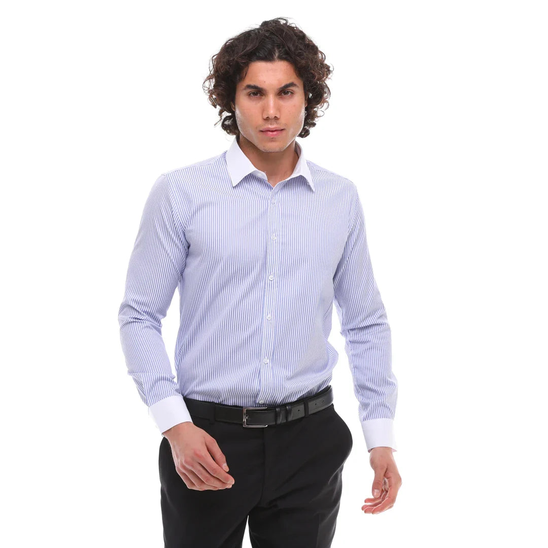 Camisa social masculina listrada com botões e gola clássica - Azul