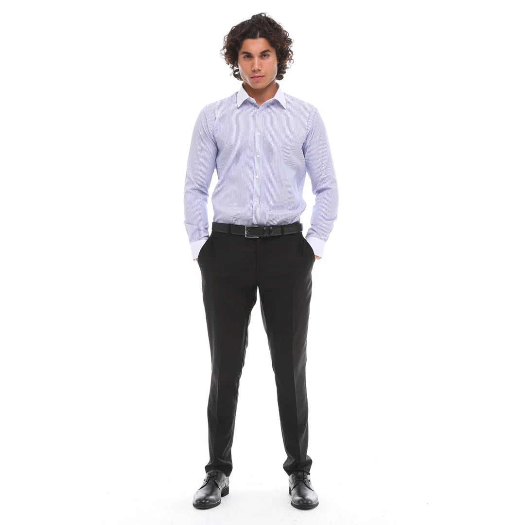 Camisa social masculina listrada com botões e gola clássica - Azul