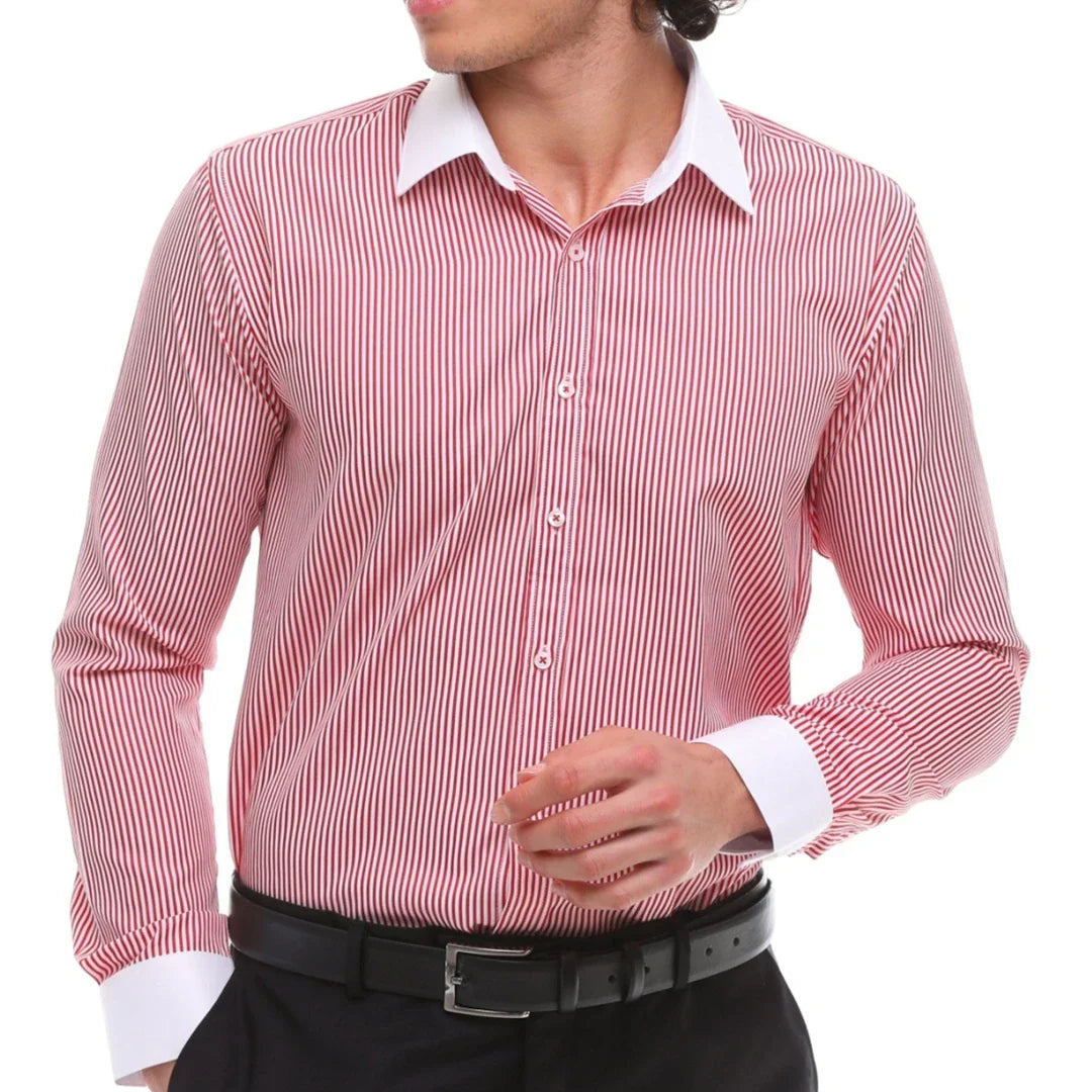 Camisa social masculina listrada com botões e gola clássica - Vermelha