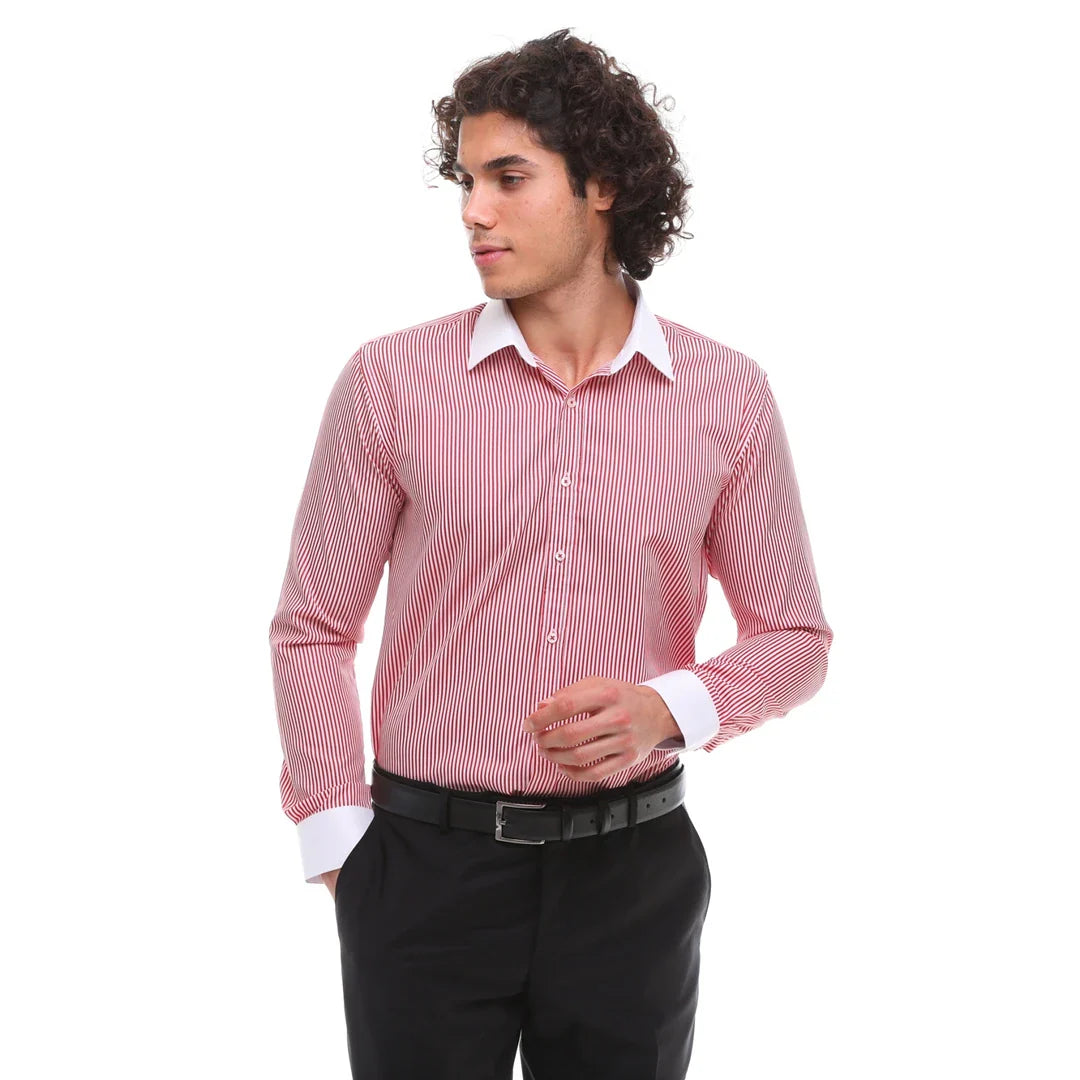 Camisa social masculina listrada com botões e gola clássica - Vermelha