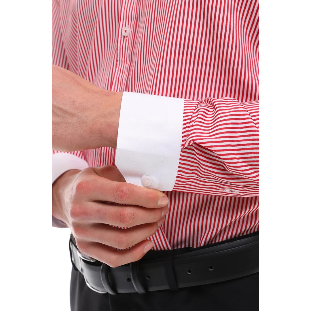 Camisa social masculina listrada com botões e gola clássica - Vermelha