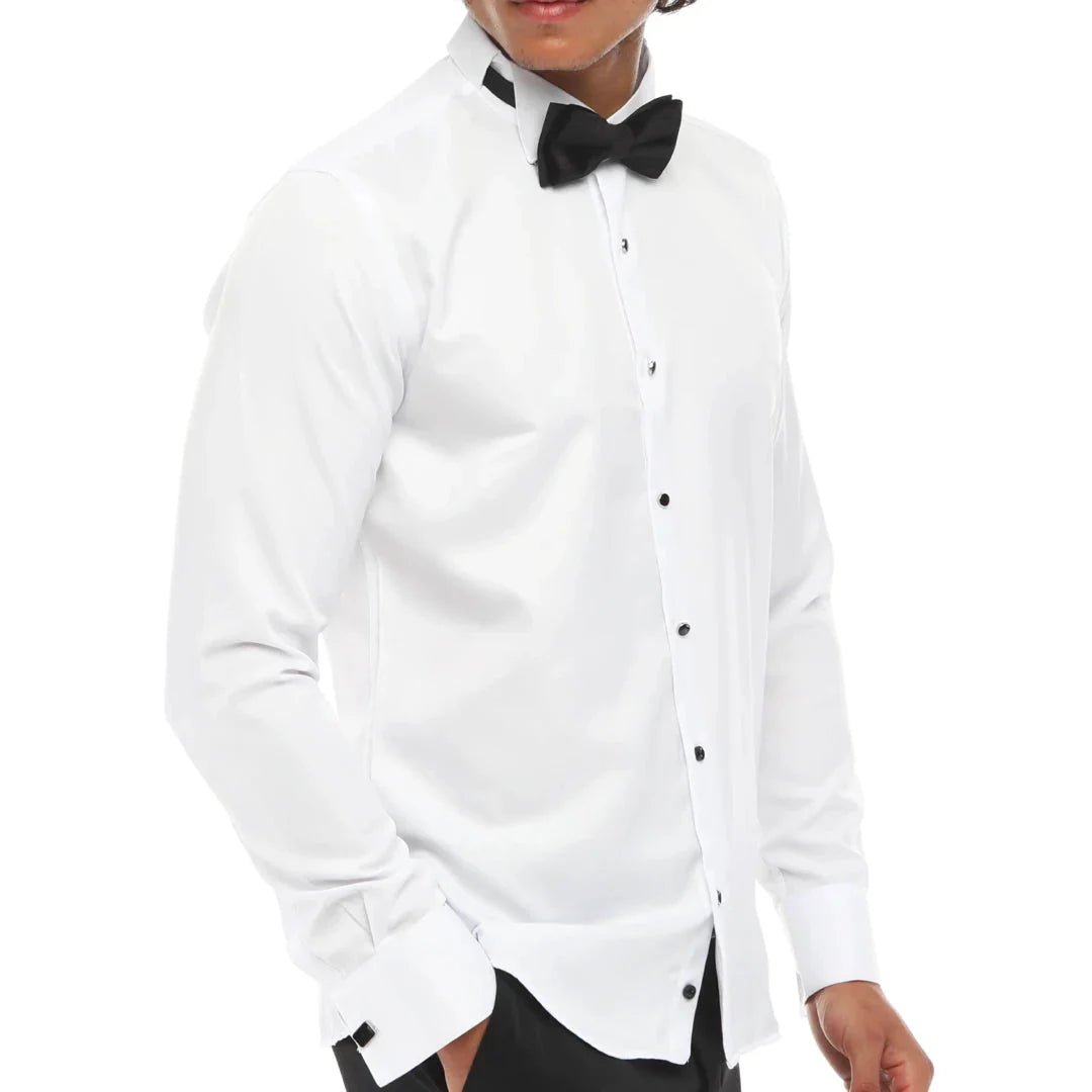 Camisa masculina de smoking com colarinho wingtip, branca, punho duplo, estilo clássico para jantar.