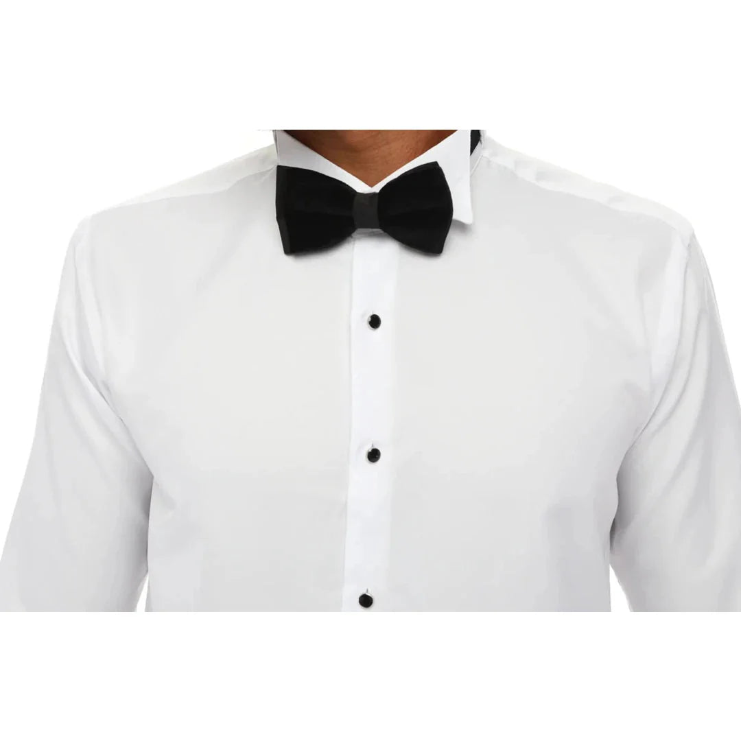 Camisa masculina de smoking com colarinho wingtip, branca, punho duplo, estilo clássico para jantar.