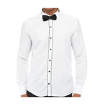 Camisa masculina de smoking com colarinho wingtip, branca com detalhes em preto e punho duplo, estilo clássico para jantar.