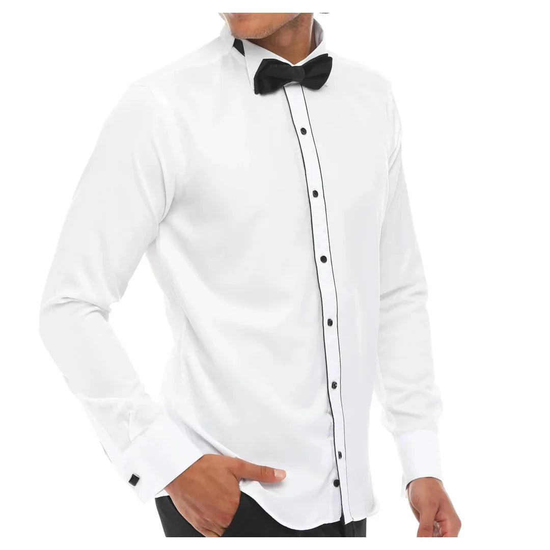 Camisa masculina de smoking com colarinho wingtip, branca com detalhes em preto e punho duplo, estilo clássico para jantar.
