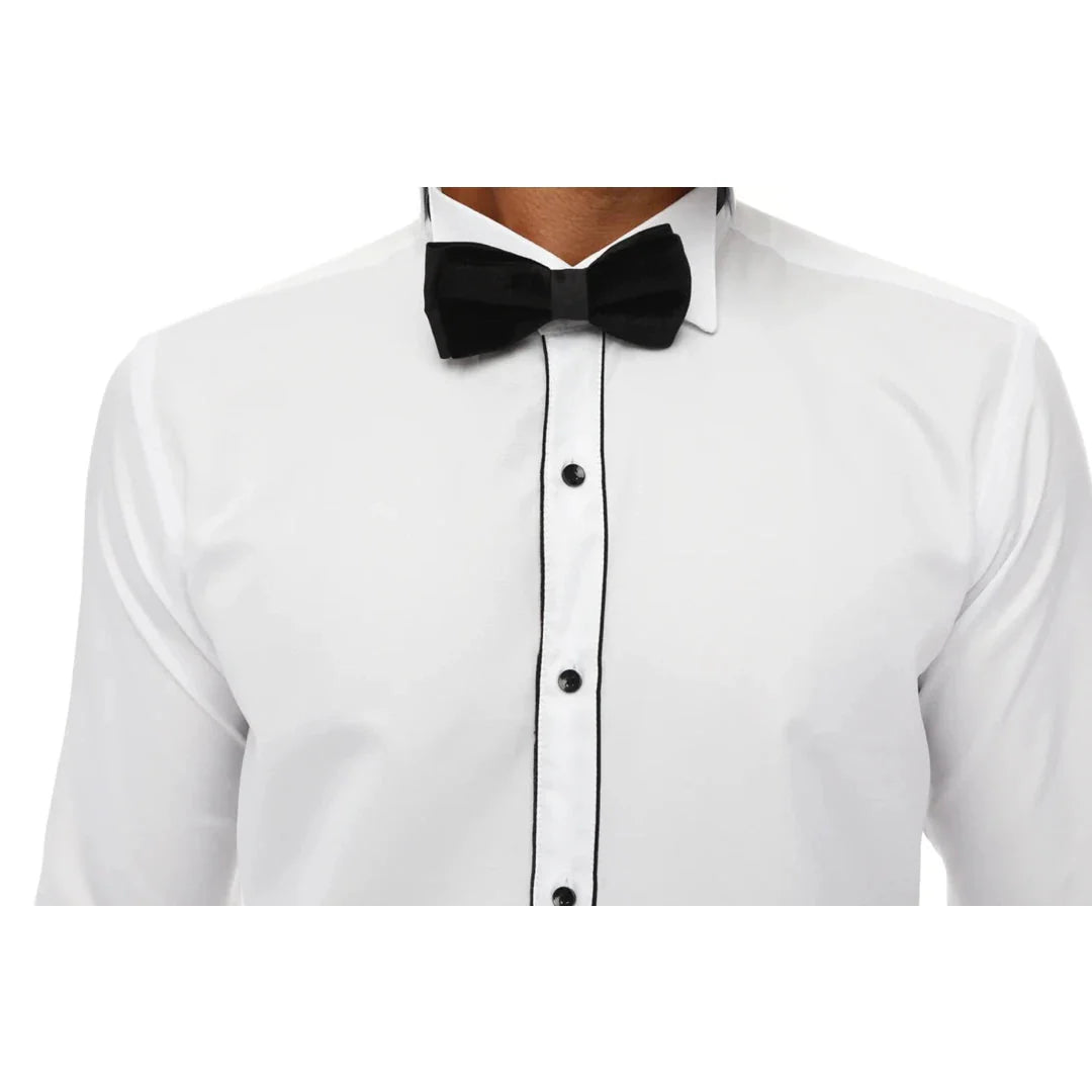 Camisa masculina de smoking com colarinho wingtip, branca com detalhes em preto e punho duplo, estilo clássico para jantar.