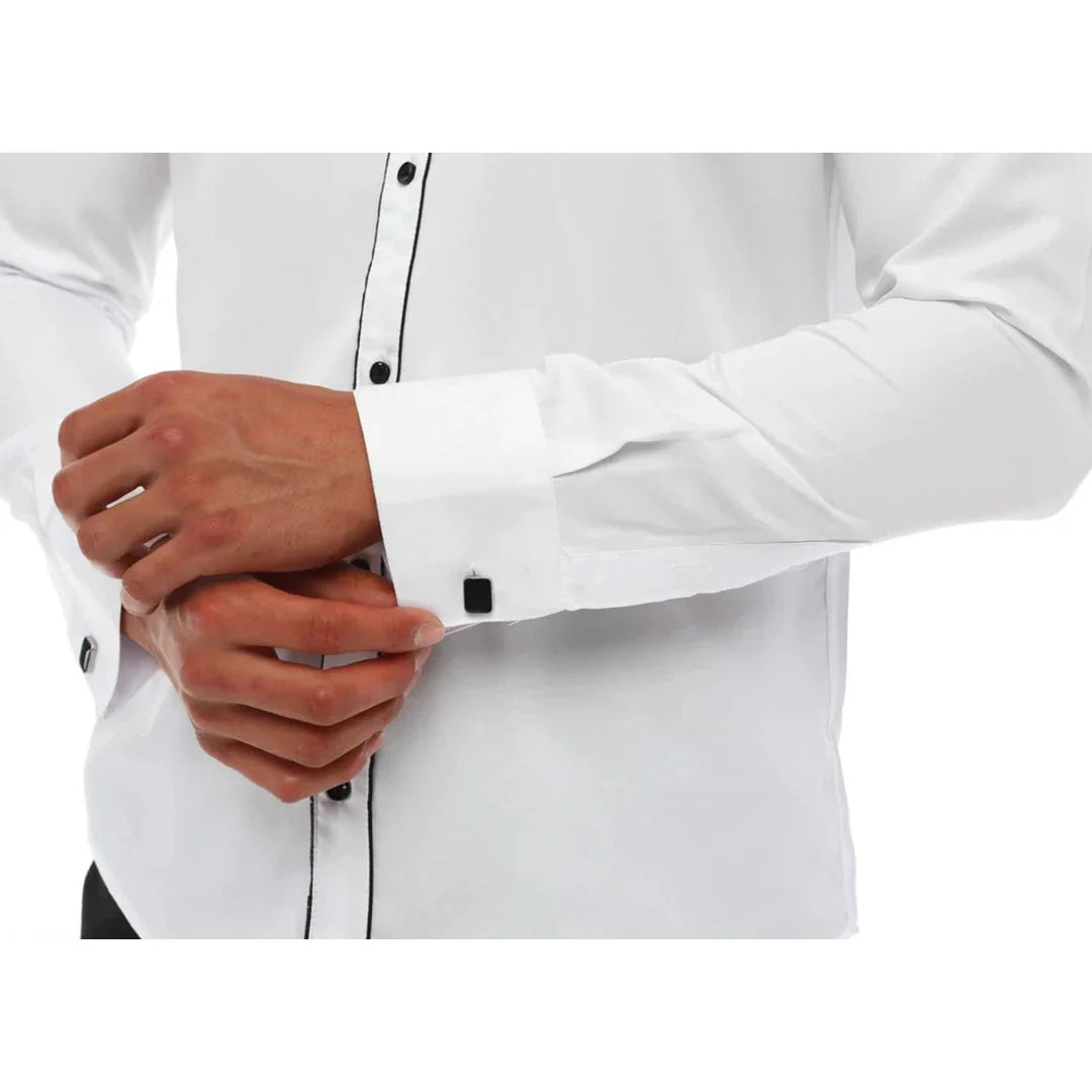 Camisa masculina de smoking com colarinho wingtip, branca com detalhes em preto e punho duplo, estilo clássico para jantar.