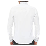 Camisa masculina de smoking com colarinho wingtip, branca com detalhes em preto e punho duplo, estilo clássico para jantar.