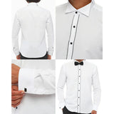 Camisa masculina de smoking com colarinho wingtip, branca com detalhes em preto e punho duplo, estilo clássico para jantar.