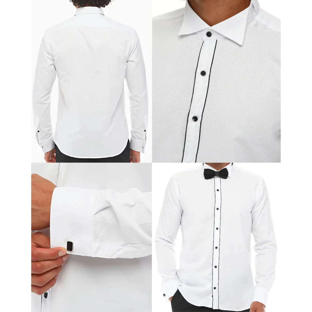 Camisa masculina de smoking com colarinho wingtip, branca com detalhes em preto e punho duplo, estilo clássico para jantar.