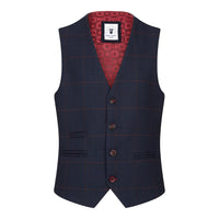 Terno xadrez azul marinho de 3 peças para menino, vermelho, Edinson Marc Darcy, clássico, vintage, para casamento.