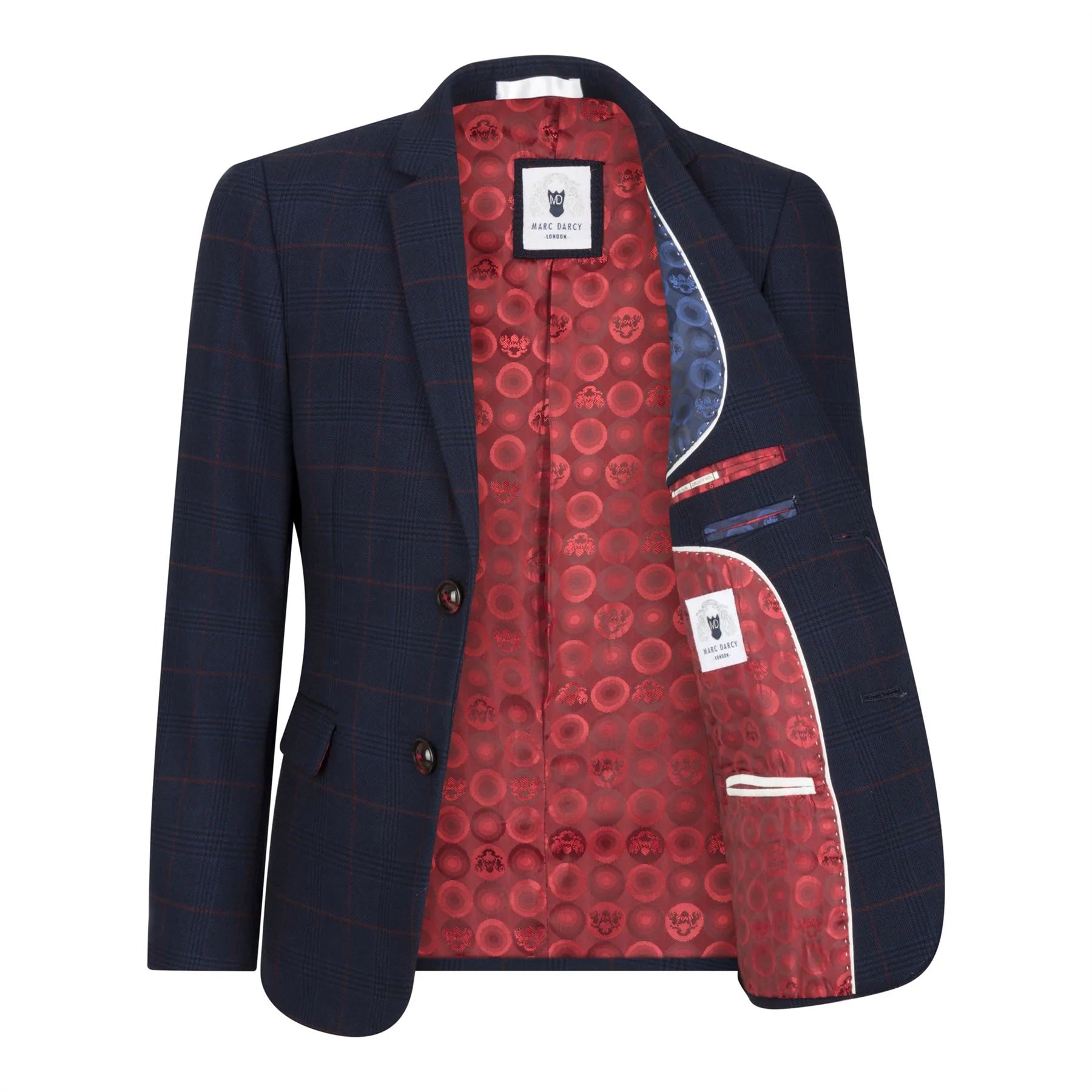 Terno xadrez azul marinho de 3 peças para menino, vermelho, Edinson Marc Darcy, clássico, vintage, para casamento.