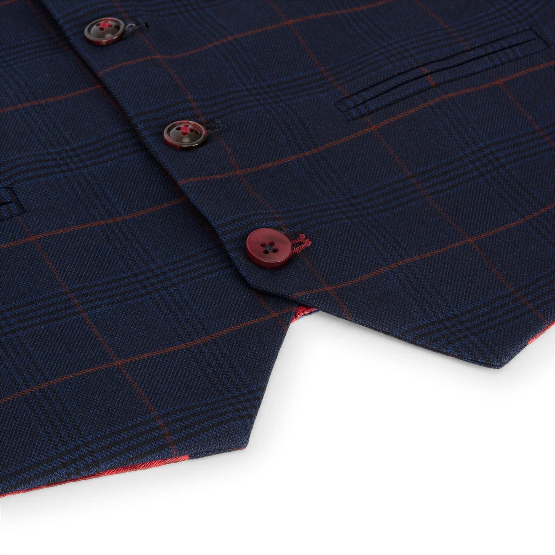 Terno xadrez azul marinho de 3 peças para menino, vermelho, Edinson Marc Darcy, clássico, vintage, para casamento.