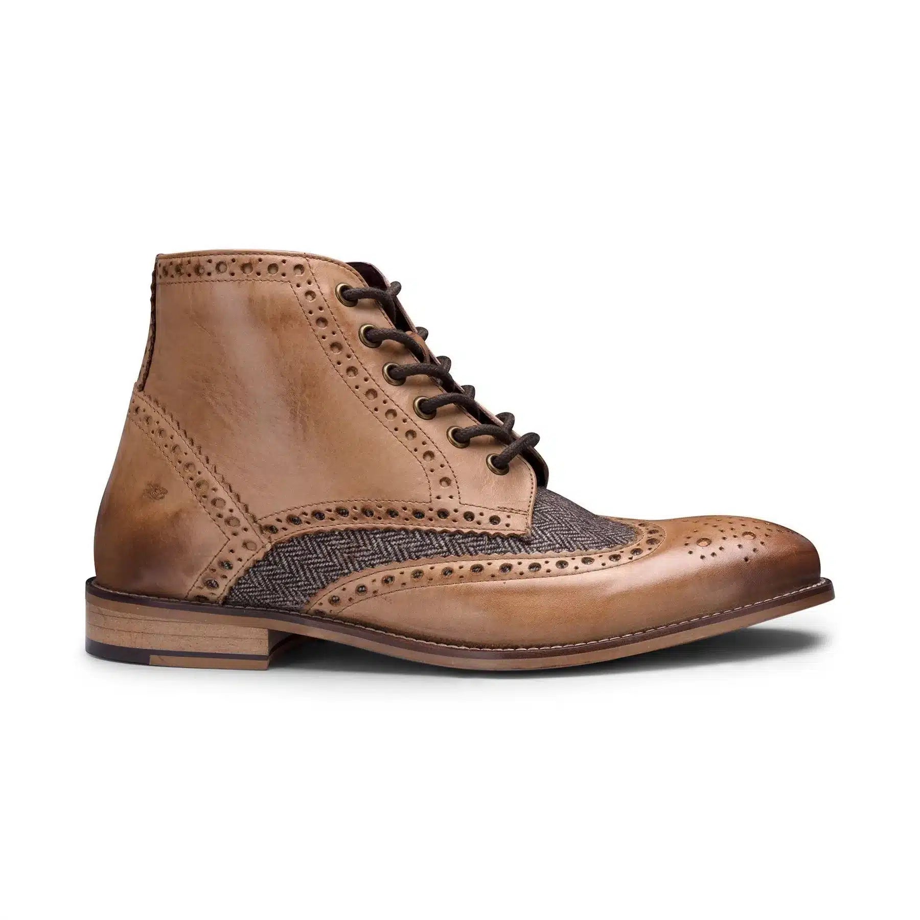 Botas masculinas vintage em couro legítimo, estilo brogue, anos 1920, em camurça e tweed, com cadarço, elegantes e formais.