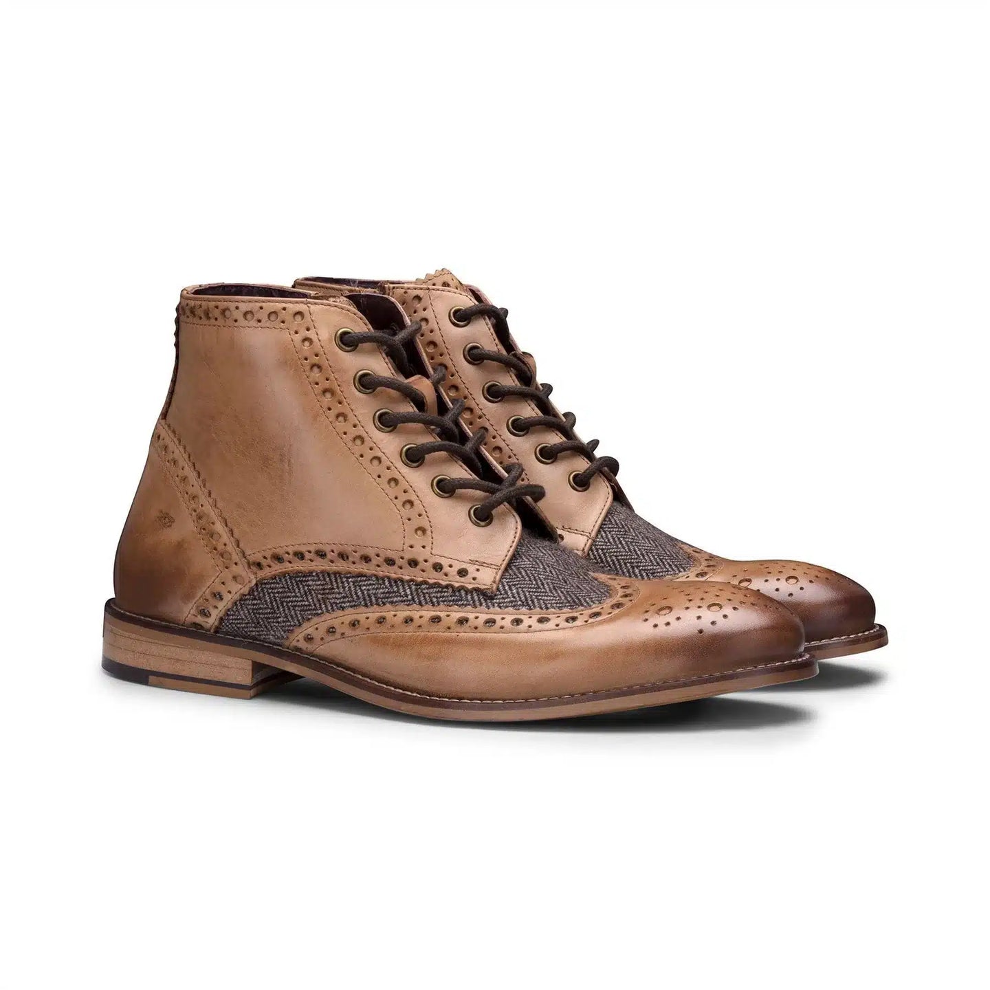 Botas masculinas vintage em couro legítimo, estilo brogue, anos 1920, em camurça e tweed, com cadarço, elegantes e formais.