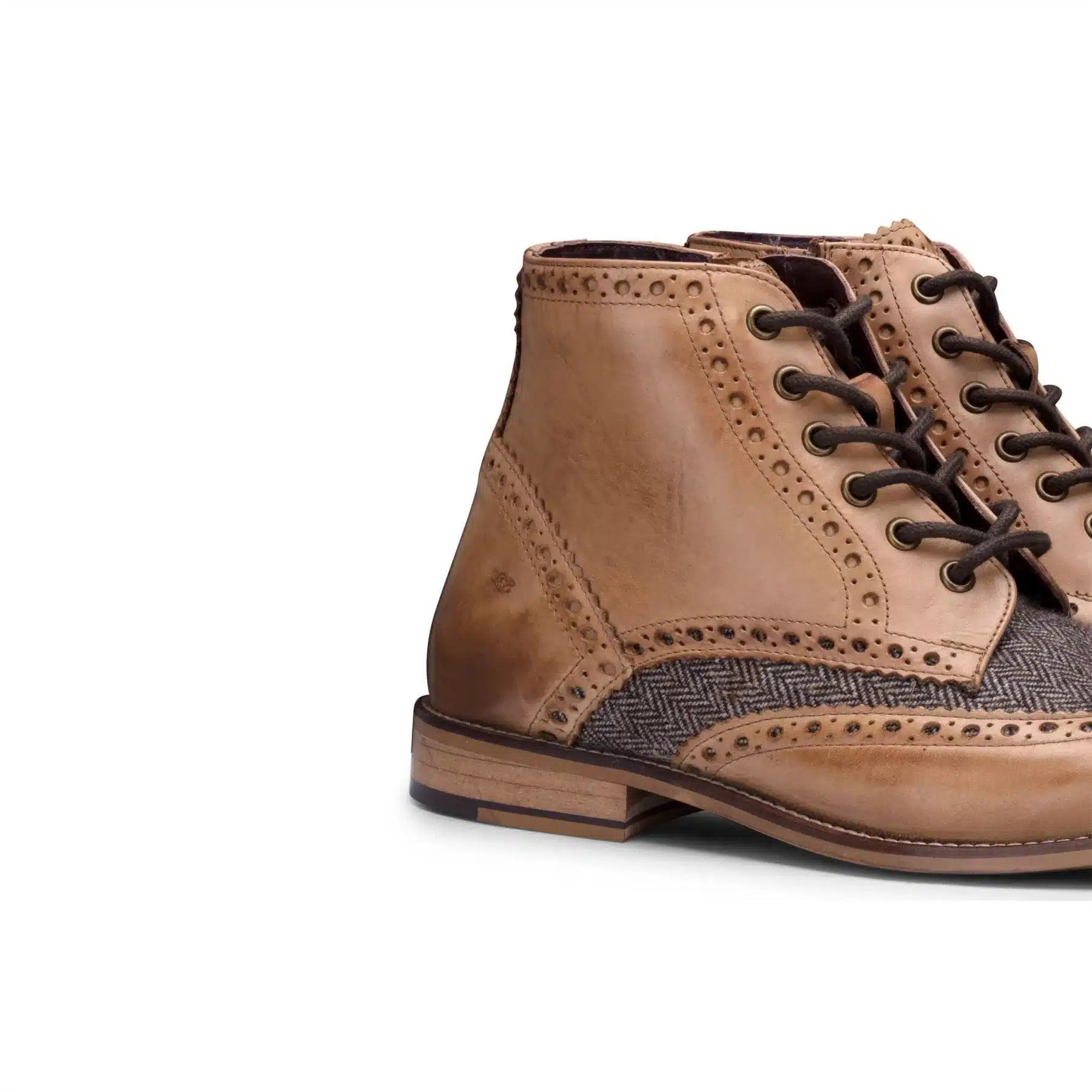 Botas masculinas vintage em couro legítimo, estilo brogue, anos 1920, em camurça e tweed, com cadarço, elegantes e formais.