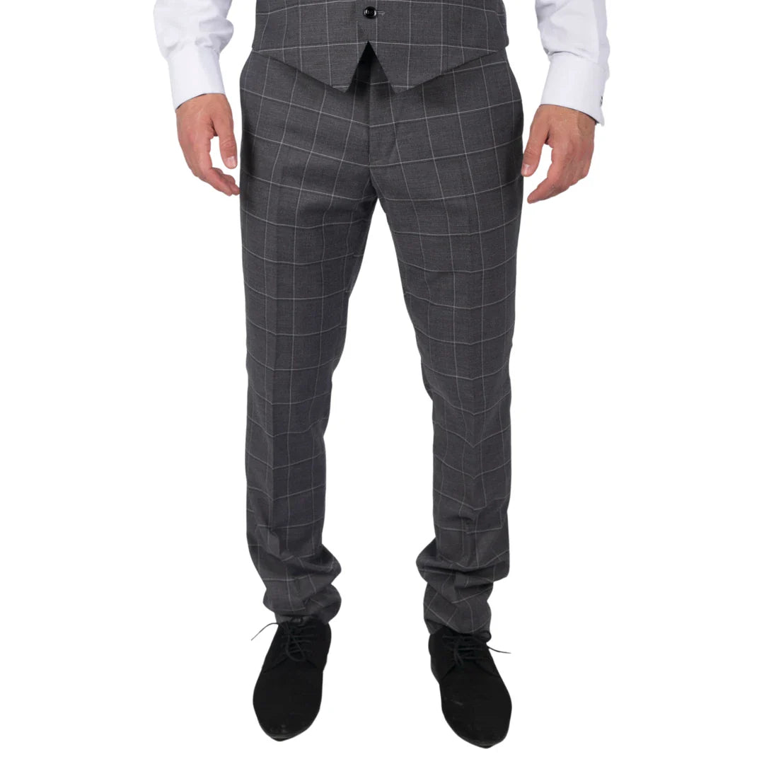 Calças Hobbs masculinas cinza xadrez, estilo vintage retrô, elegantes para casamento.