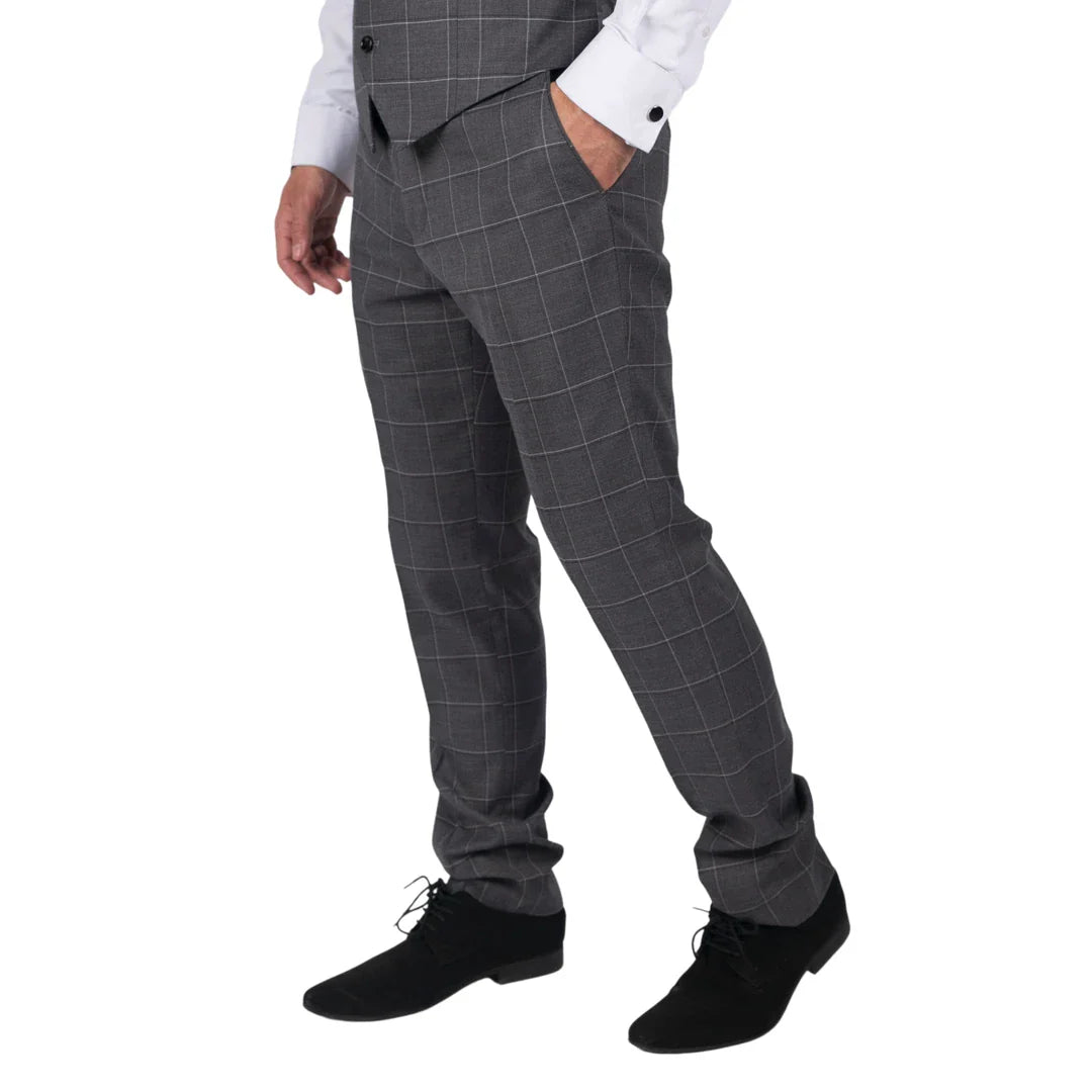 Calças Hobbs masculinas cinza xadrez, estilo vintage retrô, elegantes para casamento.