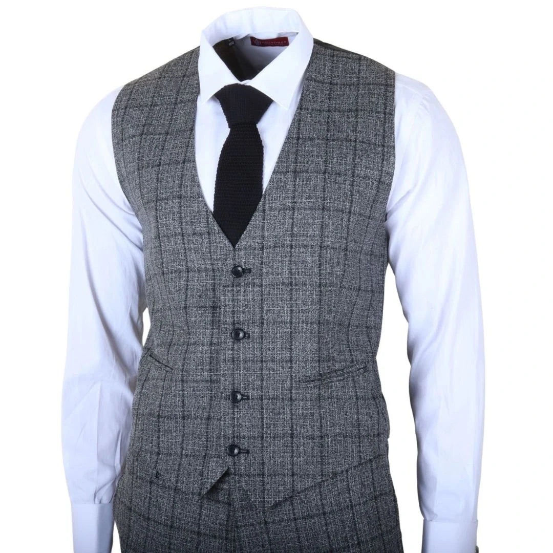Terno xadrez masculino cinza-escuro de 3 peças com corte sob medida