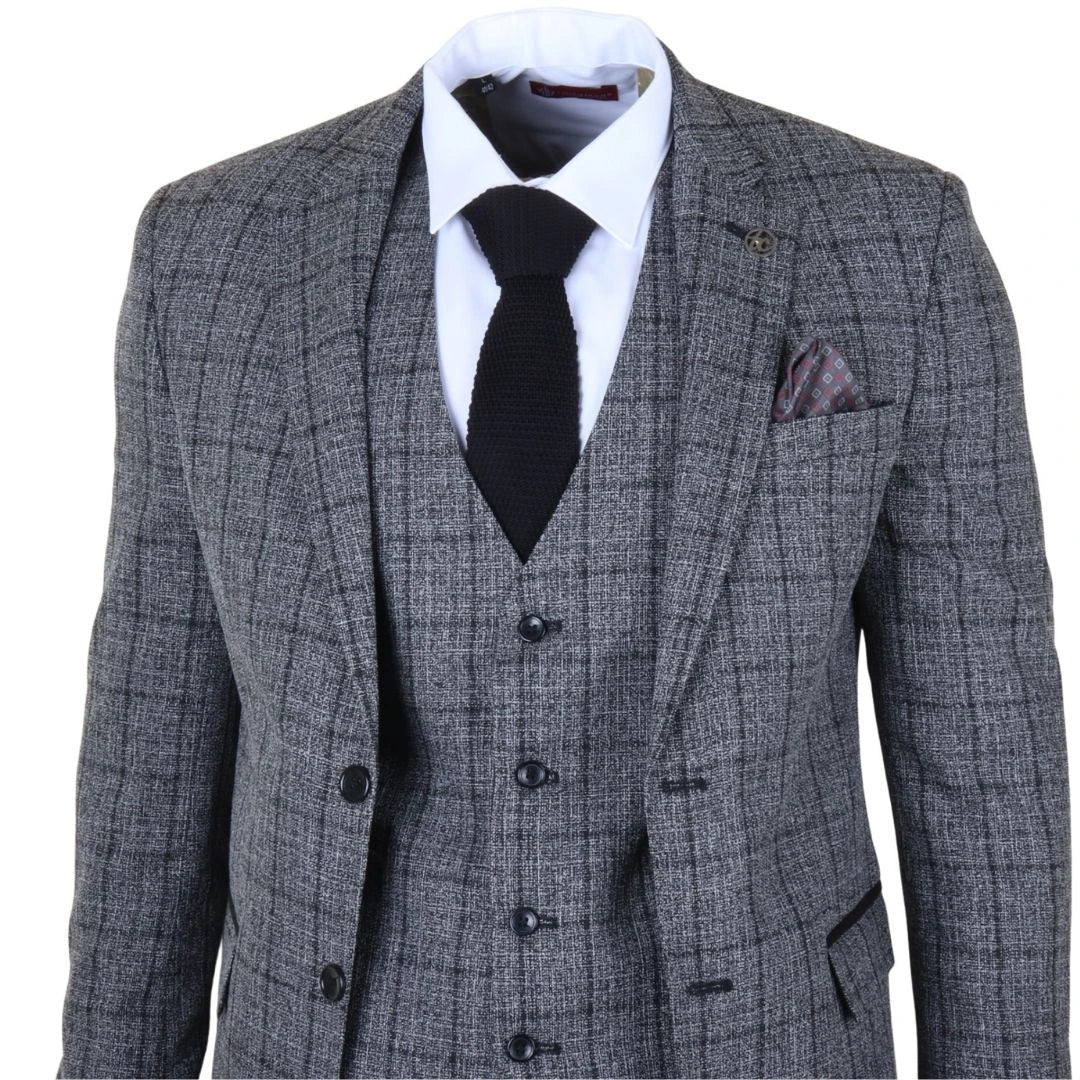Terno xadrez masculino cinza-escuro de 3 peças com corte sob medida