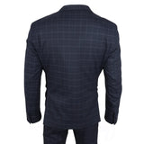 Terno masculino IM3 de três peças, xadrez azul-marinho, corte sob medida.